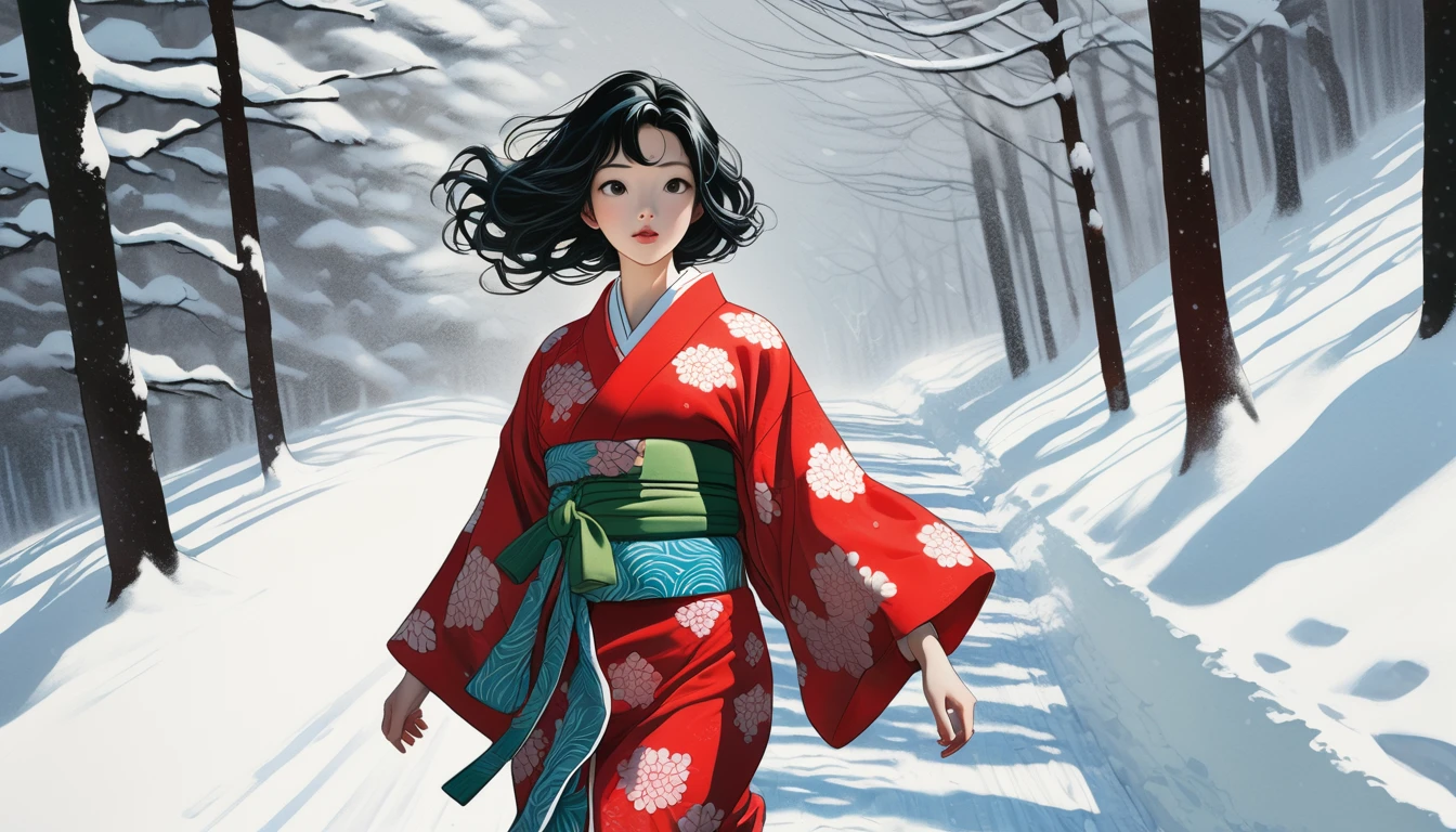 An illustration、art、Supervised by Junji Ito、Overaction、Overreaction、Pretending to be scared、Attention to detail, Realistic shadows、og Style, chromatic aberration, Surrealist: A kimono-clad virgin walking along a snowy road