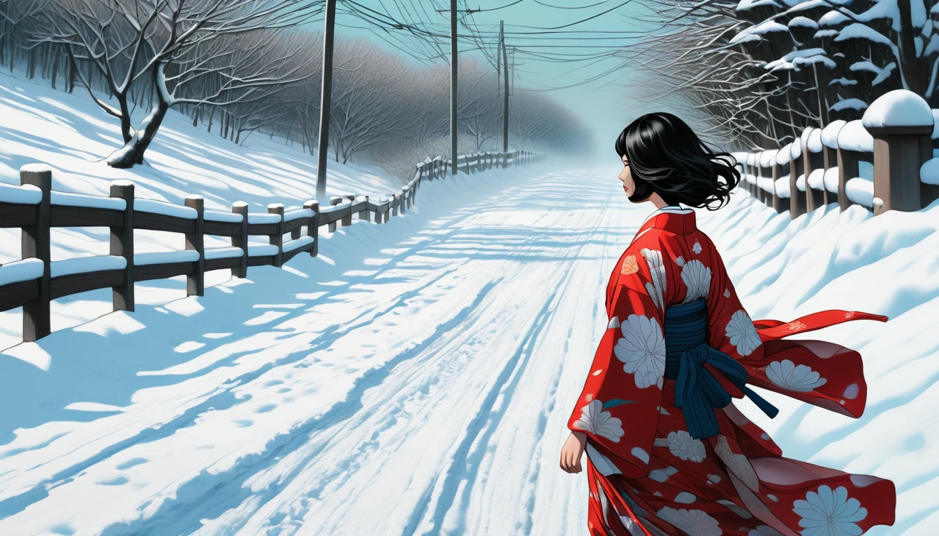 An illustration、art、Supervised by Junji Ito、Overaction、Overreaction、Pretending to be scared、Attention to detail, Realistic shadows、Analog Style, chromatic aberration, Surrealist: A kimono-clad virgin walking along a snowy road