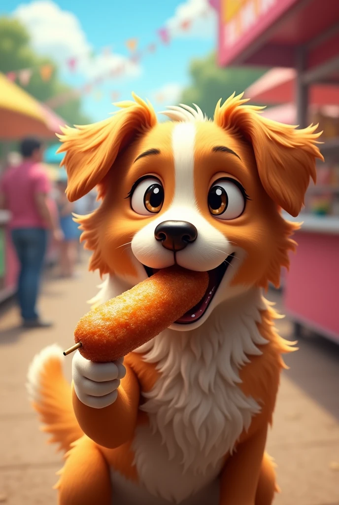 Dog eating corndog