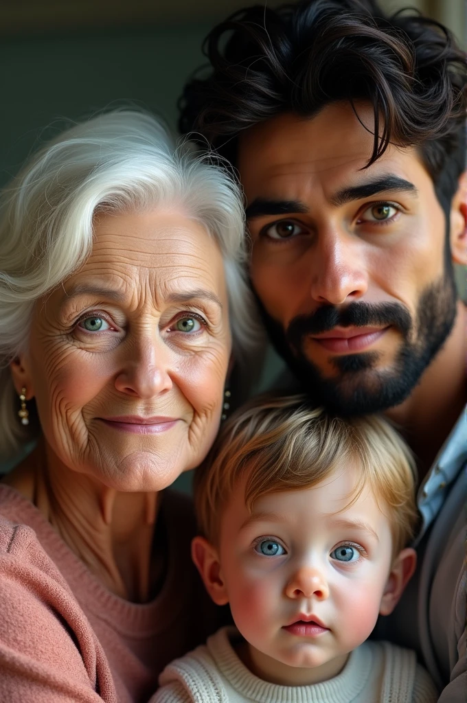 White grandmother family blue eyes, white mom green eyes, adult son black eyes, black son with black eyes 