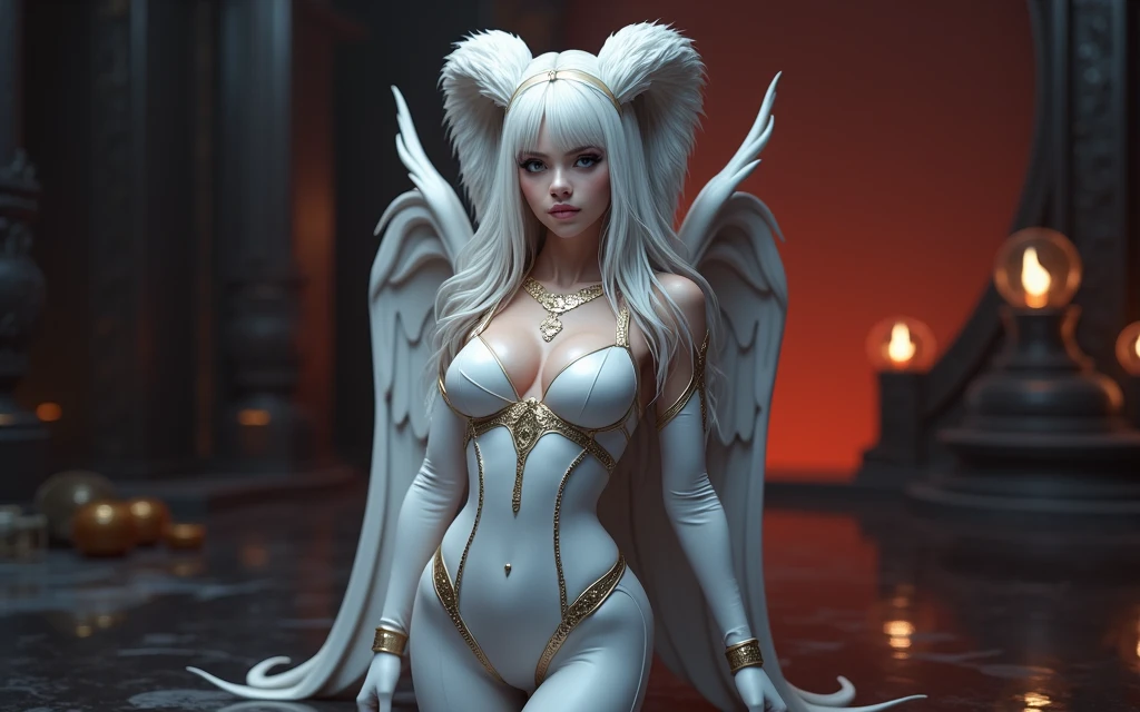 (best quality,8k:1.2,high resolution:1.2),ultra-detalhado,Realistic,female,long black curly hair,rosto extremamente detalhado,long eyelashes,big white angel wings,white latex catsuit with gold details,metalic accessories,Physically-based rendering,sharp focus,white neutral background