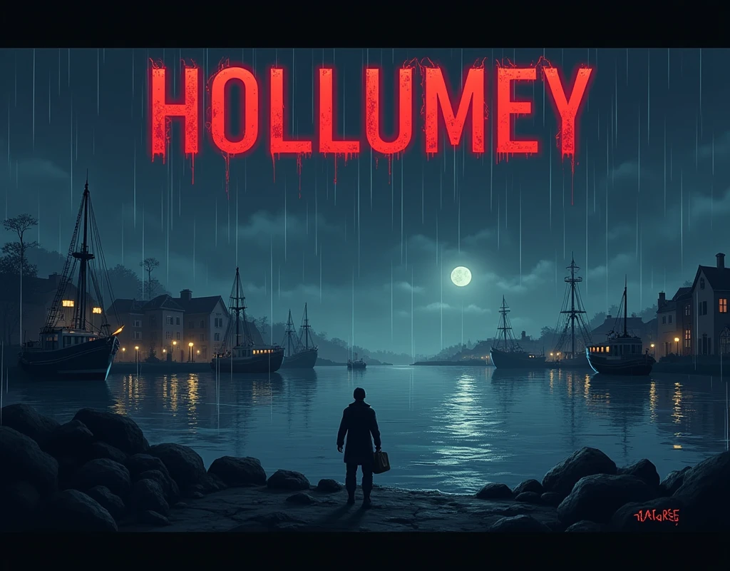 Title say: "Hollumey", Hollumey Title, port, ocean, town, rain, mistery, thriller, realistic, RPG Game cover, dark style, Crime Game, Detective Game, Pixel art, Retro game, 8bit, 16bit