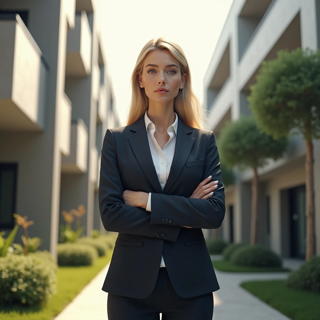 blonde woman in a business suit in a residential complex