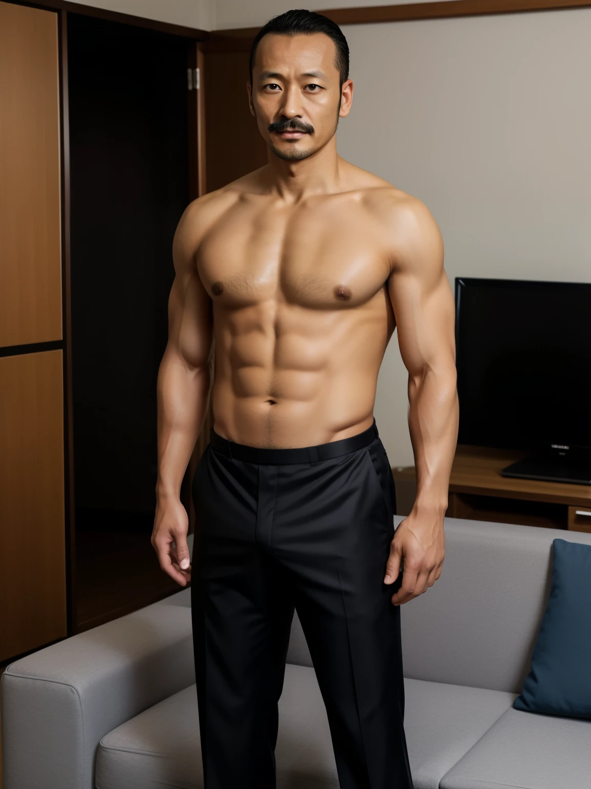 40 years old,Hidetoshi Nakata,(Kogoro Mori 1.3),whole body,Lean,muscle,office,black,foot,Suit,transparent袜子,foot抬起,sofa,Baldhead ,transparent,Thick body hair,underwear,Topless,Densely hairy,Fortitude,HD,With a mustache