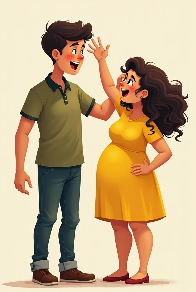 A boy, 6 feet 2 inches tall, wearing an olive colored polo shirt. A girl with a height of 5 feet wearing a yellow dress with curly hair. The girl is trying to put her hand on the boy's head but can't because the girl is short and fat. The boy is laughing and the girl is upset.