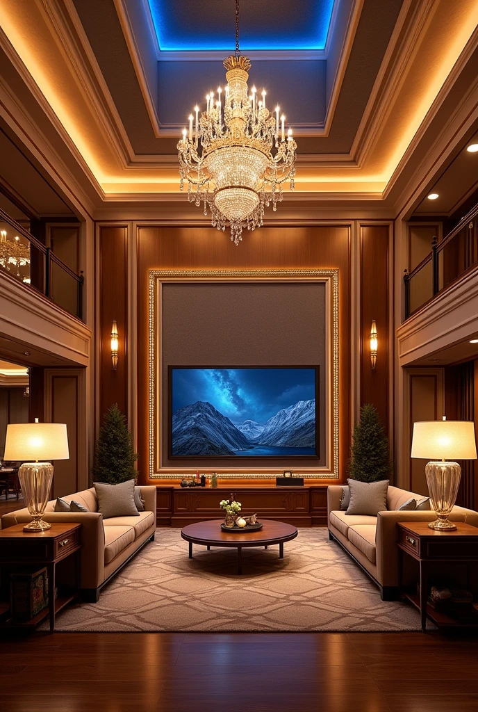 Beautiful luxury home with so many lights and beautiful very big room having big television and big frame 