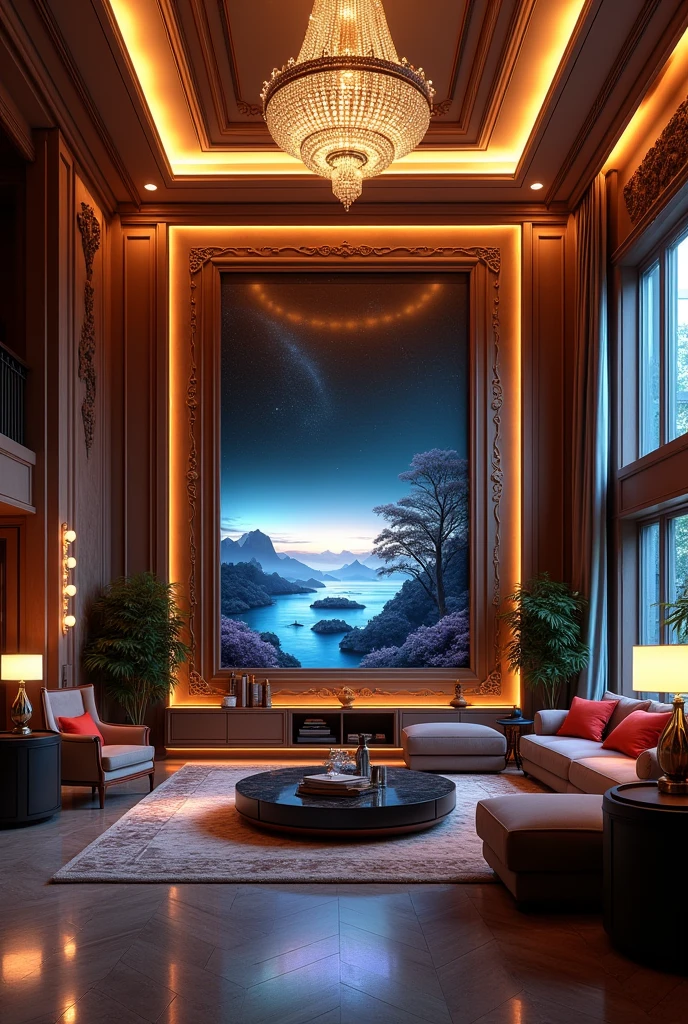 Beautiful luxury home with so many lights and beautiful very big room having big television and big frame