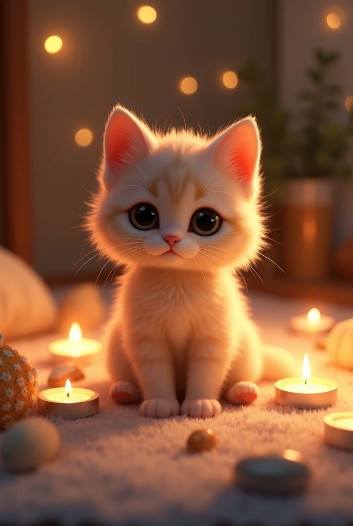 In a room enveloped in warm, soft light、Picture a scene of an adorable kitten sitting quietly.。The kitten has fluffy fur.、It has distinctive round and large eyes.。Her eyes were shining as if she was expecting something.、The pure and innocent expression heals the hearts of those who see it.。There are small candles lit around the kitten.、The soft light gently illuminates the entire room.。There are cute little items scattered around the candles.、It creates a warm and relaxing atmosphere in the room.。The background is a blurry warm color tone.、The overall atmosphere is calm and relaxed.。In this scene、The innocence of a kitten、By emphasizing the warmth of the place、Create an image that gives the viewer a sense of comfort and solace.