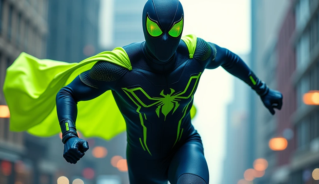 Create a superhero character called 'Techman', inspired by the style of Spider-Man. The character must wear a fitted outfit with predominant colors of dark blue and black., but with a vibrant color and highlighted as a central element. Add a lime green chroma-style cape or accessory, that stands out visually. The outfit must be modern and technological, with subtle details such as circuits and technological symbols, but without the spider symbol on the chest. The Techman must have a dynamic and agile posture, with a confident and friendly expression. The background can be a futuristic urban setting, but the highlight should be on the lime green cape or accessory to ensure that it stands out in thumbnails and is easily recognized as the superhero that helps choose the best options.
Create an image of Techman in a fast running pose, as if moving at high speed. The suit must be aerodynamic with technological details, and the lime green cape or accessory should be fluttering behind him. The background could be a futuristic city passing by quickly