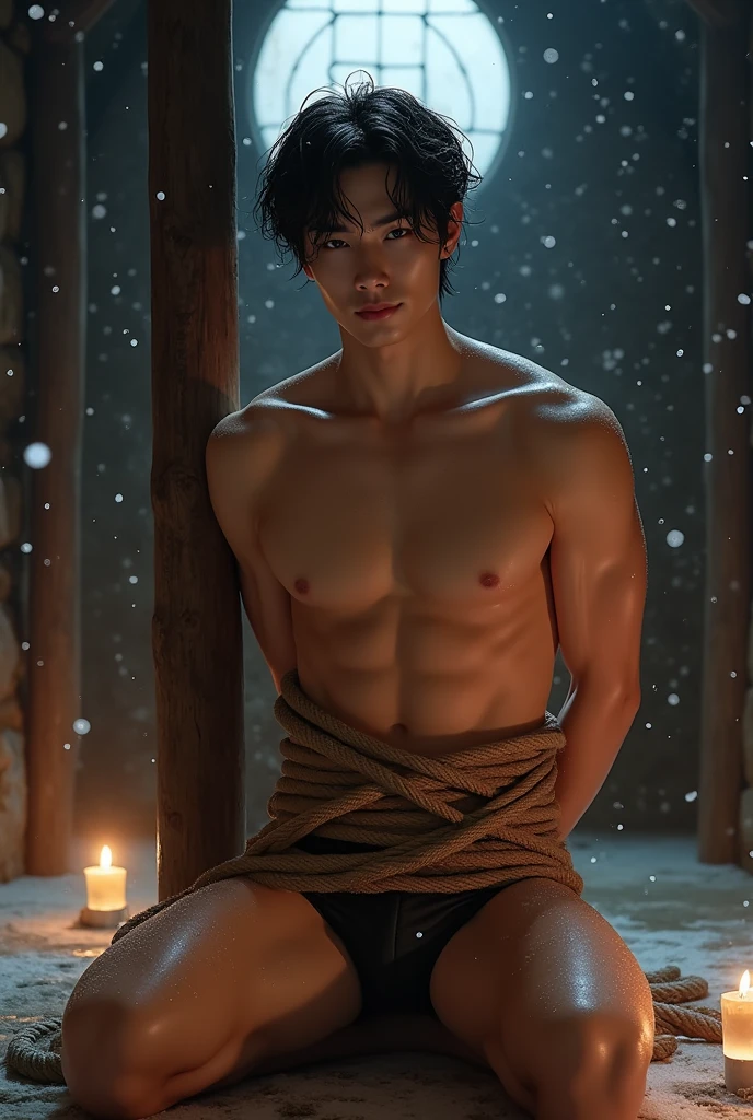 (((muscular,shirtless guy))), (((19yo, slim, muscular, fit twink))), (((ripped sixpack))), ((((Trussed up completely with rope)))), ((((ropes crossed over chest)))), (((body trussed up in tight fitting shibari ropes))), (((beautiful boy))), (((beautiful face, K-pop type))),  (((slim fit body))), ((medium-lenght curtain hairstyle))), (((wearing speedos))) kneeling, (((arms behind back))), , Smiling, ((((in a  dungeon with a thick pole and oil lamps))), ((leaning against a polel))), snowfall through the roof, (((skin and hair wet))).