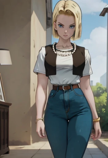 masterpiece , Android 18, Blonde with big blue eyes, smooth skin, slender and curvy body, big and heavy tits, thin waist and wide hips, shapely legs, jeans white shirt and black vest, pearl necklace and bracelets, 