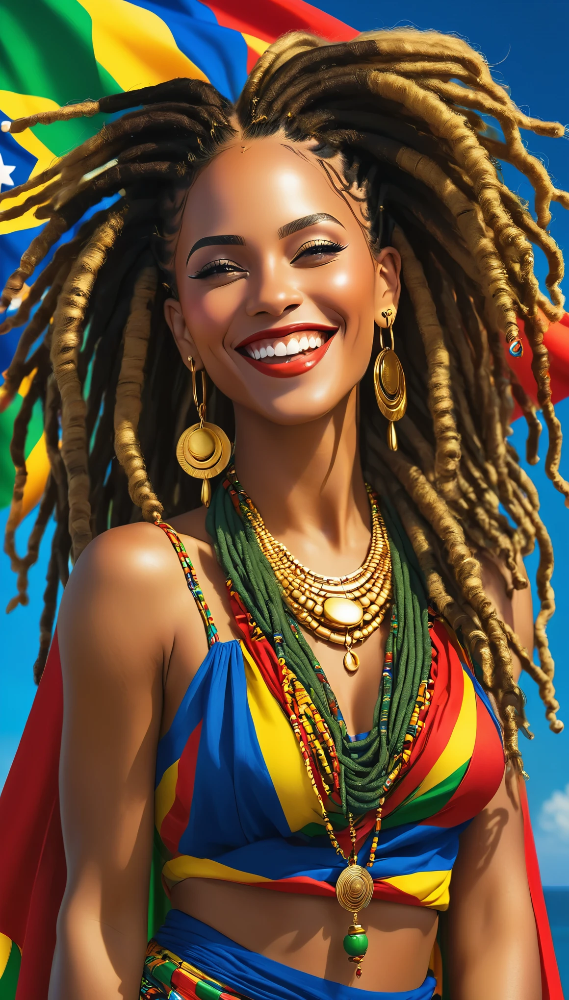 ((best qualityer)), ((8k)), Singer Tyla, with dreadlocks, beautiful and sensual, wonderful, powerful, goddess of beauty, wearing low-cut African clothes, with pure gold earrings and necklace, best smile in the world, bluish background with the colors of the flag of Cape Verde, very well detailed, a true masterpiece, seamless.