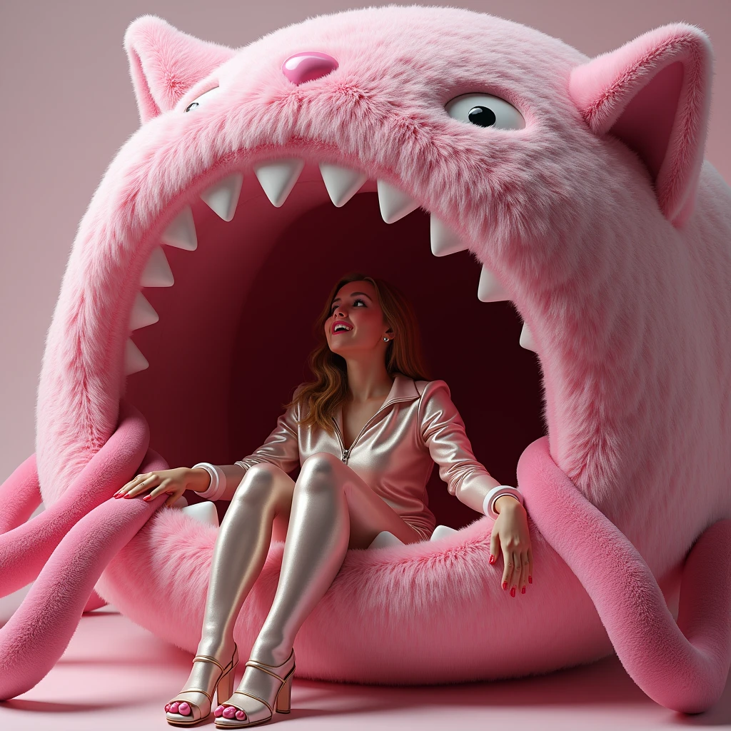 a woman wearing a satin costume is inside a huge pink fleece cat plushie, she is getting sucked inside into the plushie, as tentacles reach from inside the plushie's mouth, they grip and pull her into the plushies mouth , looking at the scene of the side view