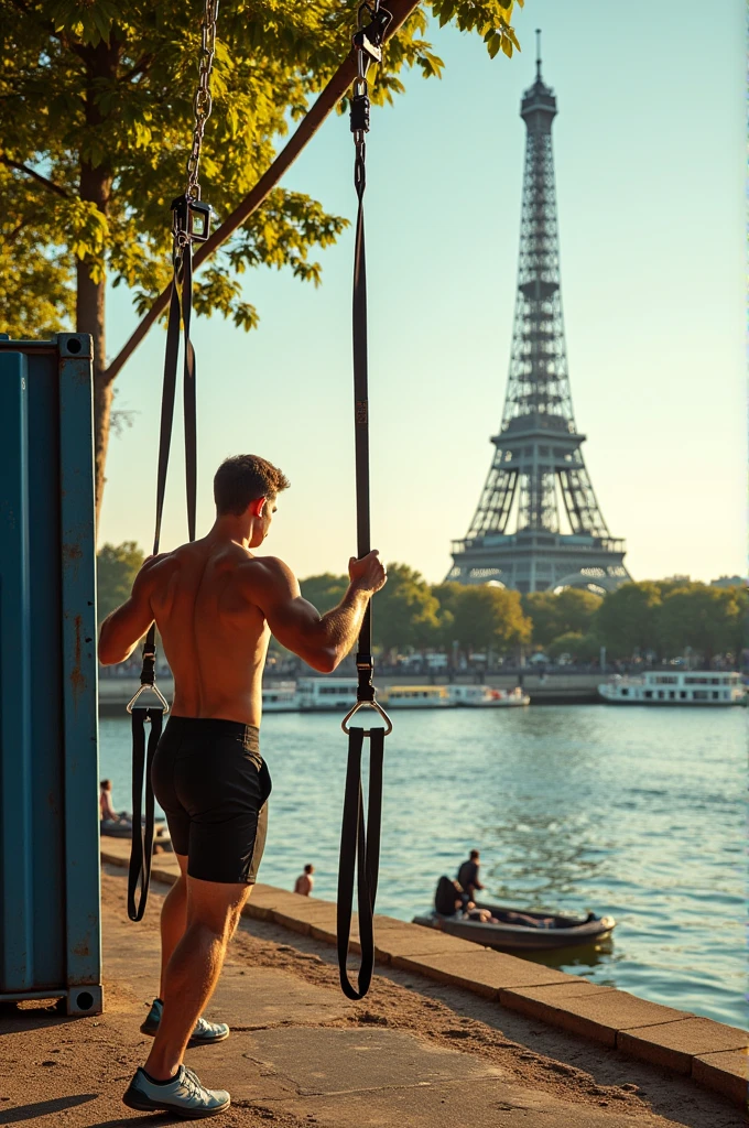 Can you take a picture of someone doing TRX on the banks of the Seine in Paris with the Eiffel Tower in the background?, le personnage pratique le TRX contre un container. Cette image doit être joli à regarder très réaliste avec des jolies couleurs d’été.