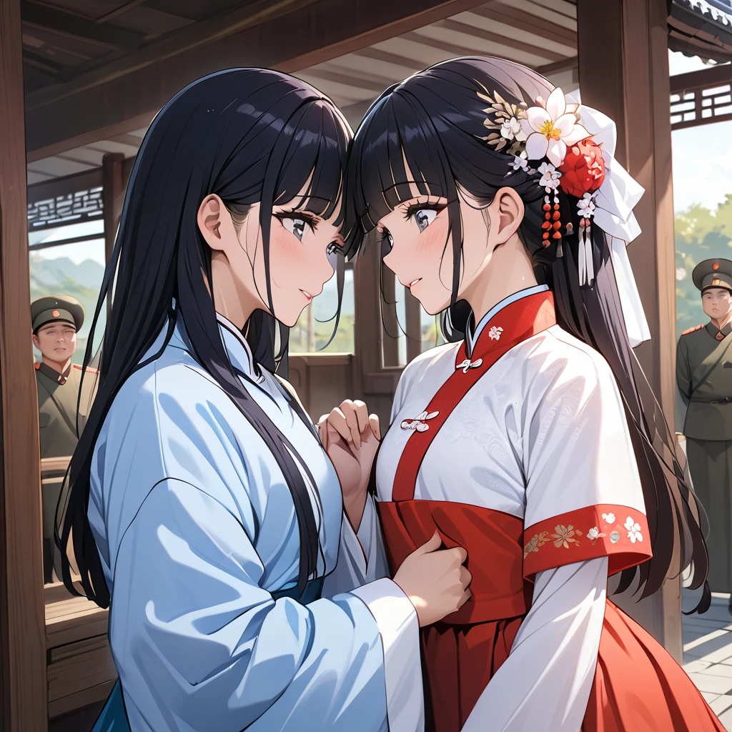 ((Highest quality)), ((masterpiece)), (detailed), (Perfect Face)、The woman is Reika Aoki with semi-long hair、The woman is wearing the North Korean traditional dress and is getting married to a North Korean man.