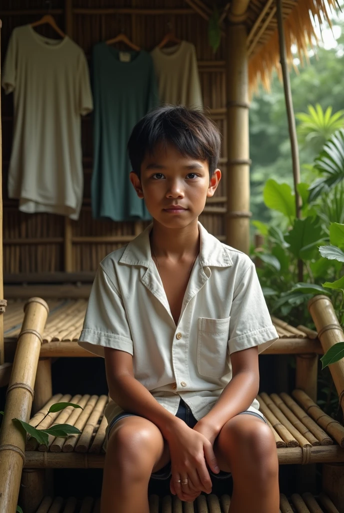 Photorealism 1.4 realistic realism high detailed definition Malaysian orang asli native aborigines wearing white shirt short sitting on stairs bamboo floor bamboo hut leaf roof at the jungle shirt clothes hanging at back