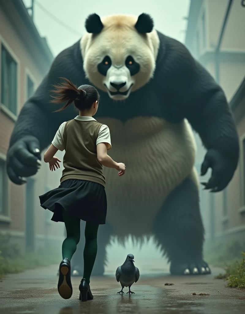 ((Highest quality)), ((masterpiece)), ((Giant panda with a refrigerator)), (Gray female pigeon screaming:1.6), (horror movie posters:1.5), (short-sleeved shirt), グレーの女性のハトがオフホワイトで襟付きのshort-sleeved shirtに薄茶色のベストを着てひざ丈の黒いスカートに濃い緑の靴下と黒の靴を履いている, Grey female pigeon vs giant panda, A grey female pigeon sprints away from a giant panda, Muscular grey female pigeon、Photorealistic images,