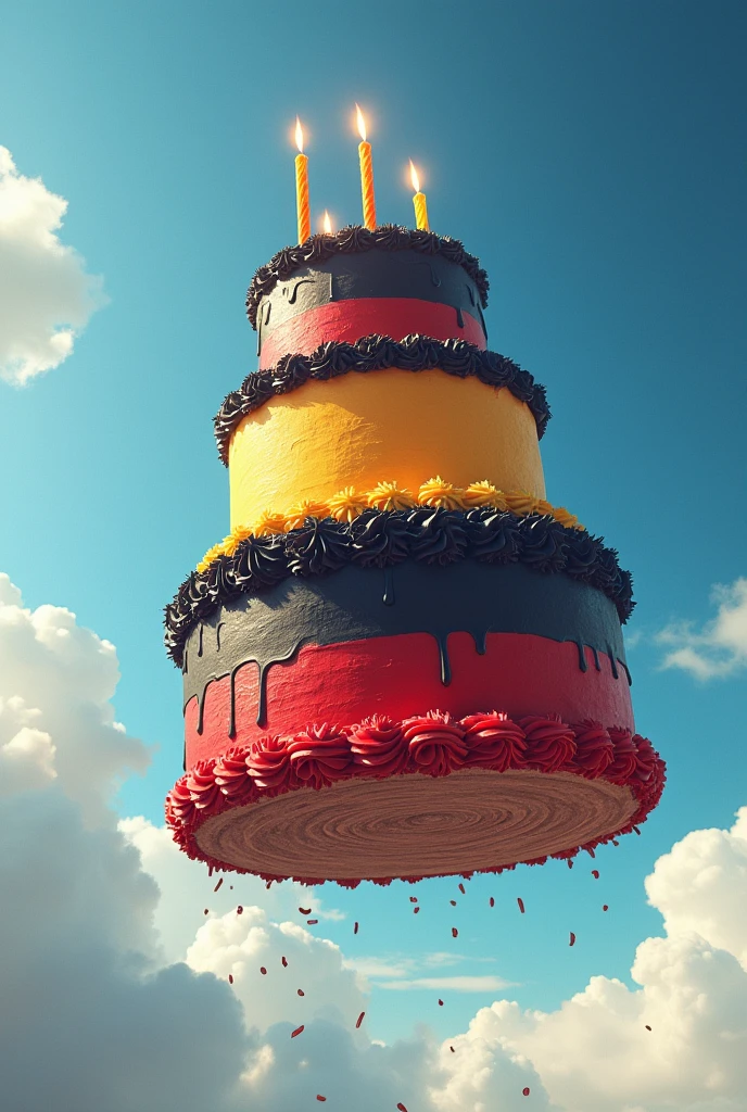 a huge birthday cake in the colors of the german flag falling from the sky
