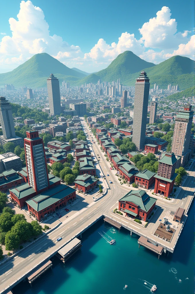 I need a model of a Toyota city seen from above,It must have a port,ramen shop and more stuff