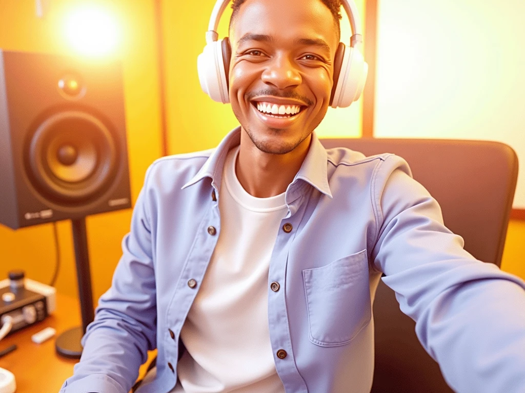 Use the image to generate an Ai image of a radio presenter in studio wearing headphones and also conducting a show while smiling