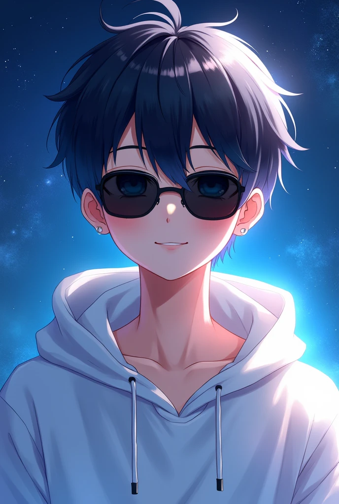 make a cool anime boy character with black sun glass(white hoodie) on background blue theme galaxy no stars and with small smile and tha fece is cute no body only face and the character looks good like a kid