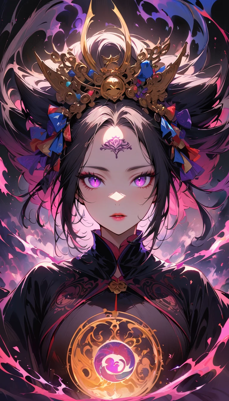 Ink painting, (((1 girl))), (((Tattoo in the middle of the forehead))),(((In the background is the Akatsuki moon))), (((Oiran))), (((Great hair accessories))), Demon possession, ((Masterpiece:1.2)), ((Highest quality)), (((Upper body covered))), Beautiful detailed eyes,Beautiful detailed lips,Highly detailed eyes and face.,Long eyelashes,transparent,Fascinating,transparent,Luminous,ethereal,Ghostly,glowing,Fascinated,Faten,ethereal beauty,Celestial features,Amazing Wizard,floating magic girl,Float gracefully,magical aura,Impressive witch,Mysterious magic,shiny look,Magical astrology circle,Magic Zodiac Circle,Divine powers,cosmic energy,Magical skill,Spiritual connection,Mashhad is the end of the world.