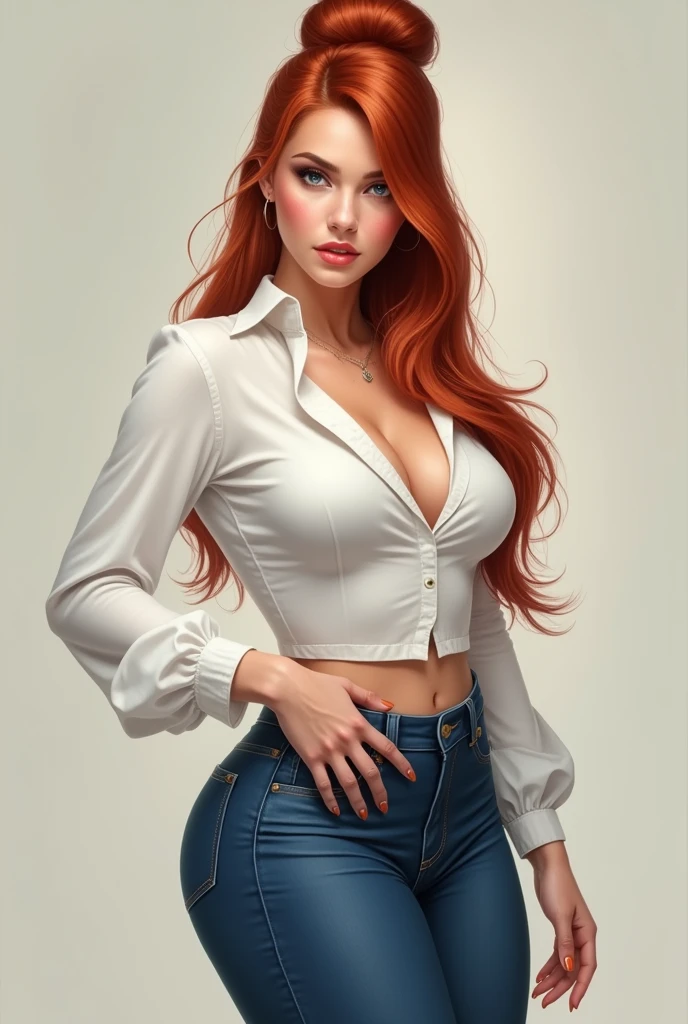 An attractive young woman with fair skin and red hair, long and high bun. Wear jeans and a white blouse.  Her body is curvy, fleshy lips, with wide hips and a thin waist