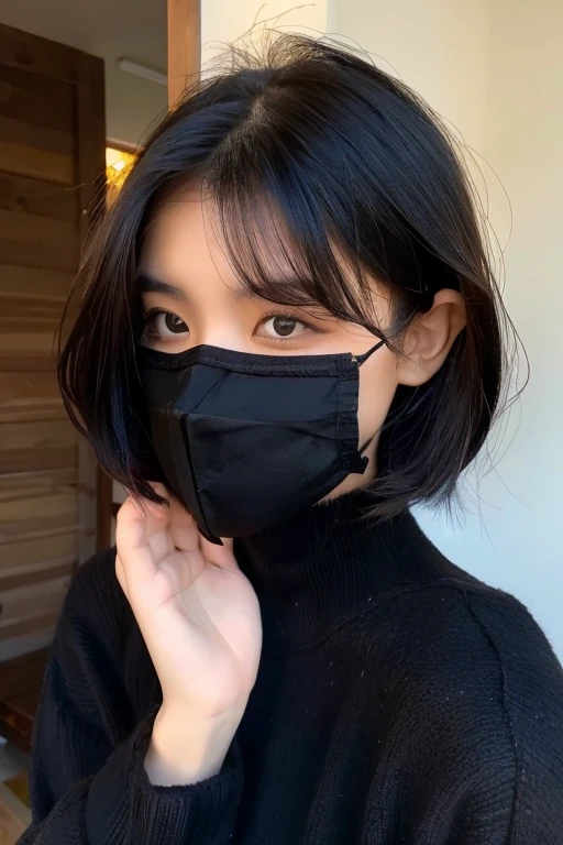 Japanese woman wearing a black mask Hairstyle: Short Landscape laughing