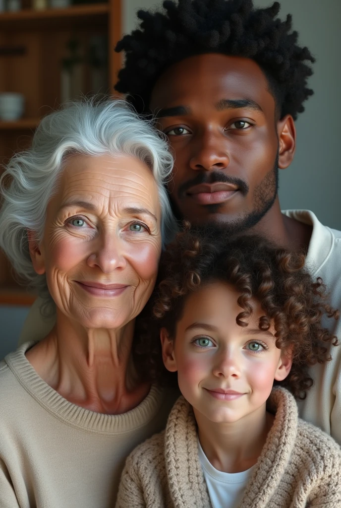 White grandmother family blue eyes, white mom green eyes, adult son black eyes, black son with black eyes 