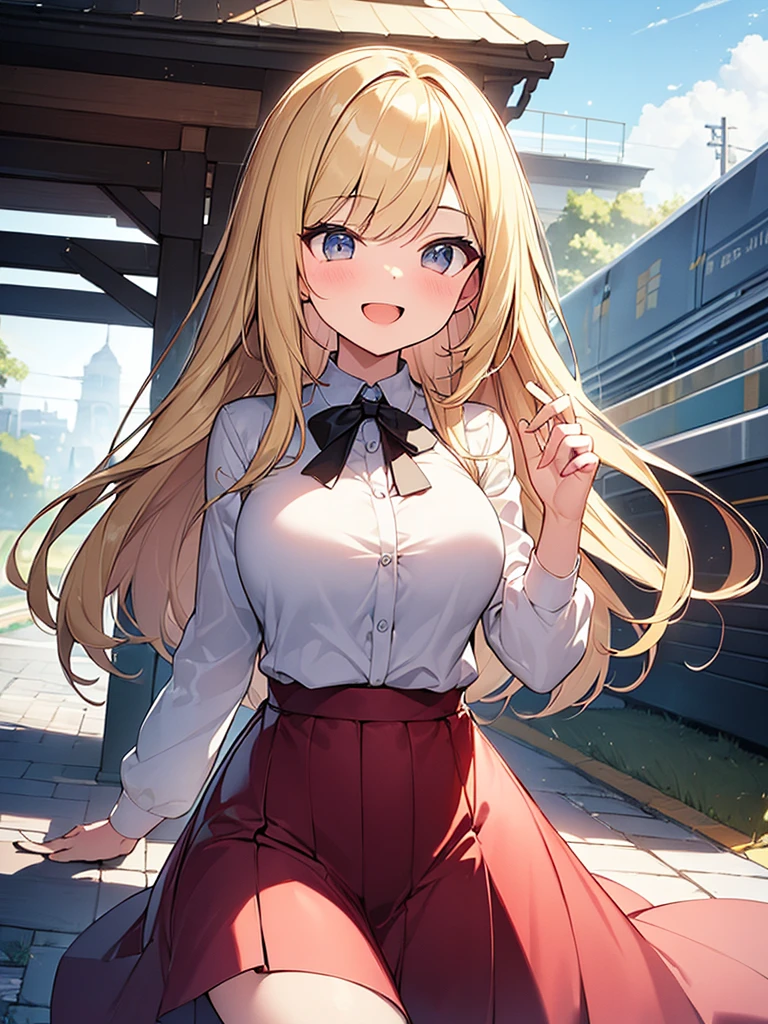 (Masterpiece, Top quality:1.5), full body, (1 beautiful girl, solo:1.2), (Round eyes, big eyes, droopy eyes:1.3), (short height:1.2), (A-Line Long Skirt:1.3),  (blonde hair:1.2), long Hair, straight Hair, asymmetry bangs, swept bangs, (large breasts:1.2), smile:1.2, blush:1.3, beautiful scene of station platform, open mouth, dynamic pose, dynamic angle