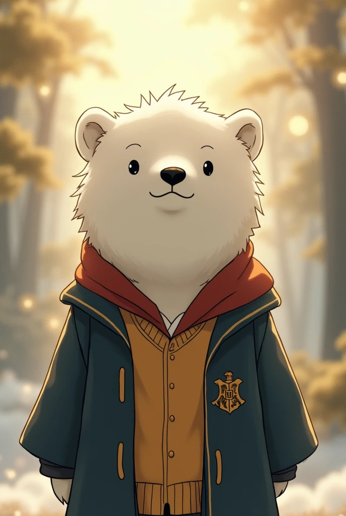 ghibli style, anime, a humanized young male polar bear, at the age of 17, full body and in Harry Potter uniform 