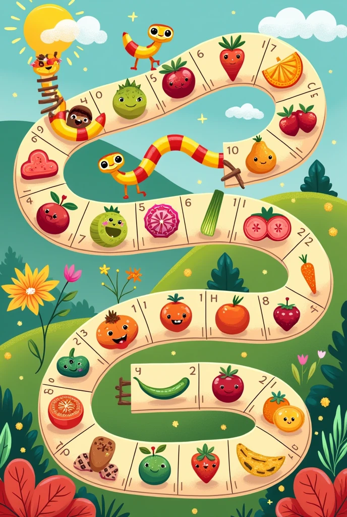 Create a colorful and cute nutrition-themed snakes and ladders game board for elementary school children, with start and finish box and 15 numbered boxes that can be used 
