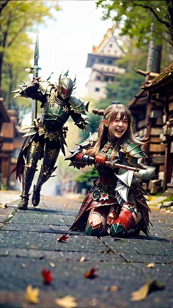 (((Realistic, masterpiece, best quality, crisp detail, high definition, high detail, sharp focus))), ((sleeveless)), girl wearing heavy armor, golden armor, japan style armor, full body armor, decorated armor, long straight hair, dirty, sweating, bloodstained face, bloodstained armor, blood scattered, bloodbath, carnage, long bloodstained sword, in epic scene,smiling,little green goblin