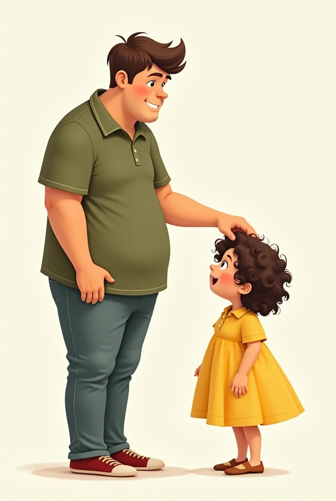 A boy, 6 feet 2 inches tall, wearing an olive colored polo shirt. A girl with a height of 5 feet wearing a yellow dress with curly hair. The girl is trying to put her hand on the boy's head but can't because the girl is short and fat. The boy is laughing and the girl is very irritated