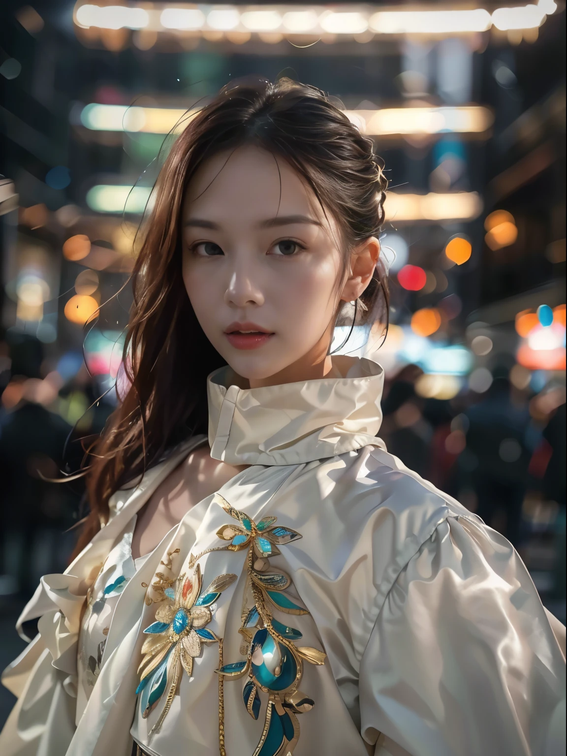 flower, (lens flare), (8k, raw, professional, best quality, masterpiece:1.2), (realistic,photorealistic:1.37), very detailed, (24mm vertical wide angle), (The most delicate skin:1.2), (The most detailed face:1.2), movie lights, 1 woman, (frightened), Times Square Stroll, Wearing a Saint Laurent suit, night time, (Luxury Brand Advertising), paparazzo, Flash Light, (Rear curtain sink), warm white light, look at the camera, (full body shot)