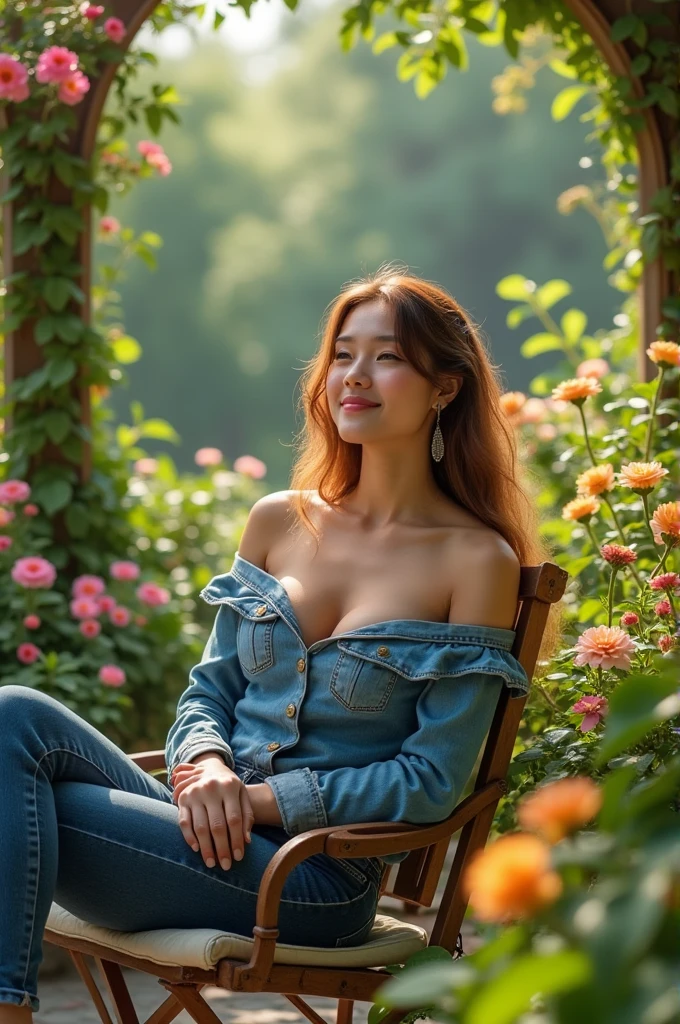 A 20 year old girl who wear jeans top seating in chair into the garden (beautiful face & big boos)