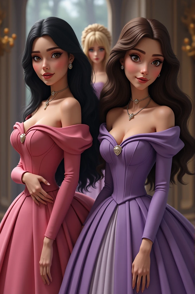 Create a REALISTIC image of a scene from Cinderella , with the well-groomed sisters , one with black hair and the other with brunette hair , one with a pink and purple dress with Cinderella in the middle behind with a sad expression CREATE REALISTICLY
