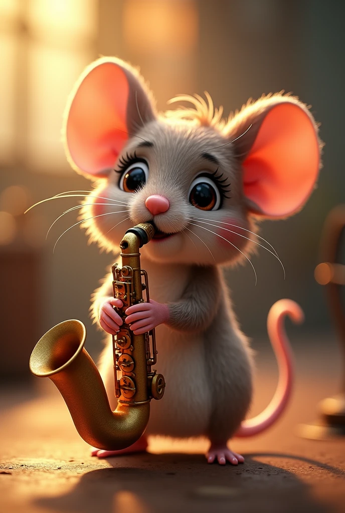 cute chibi mouse playing saxophone, beautiful detailed eyes, beautiful detailed lips, extremely detailed eyes and face, long eyelashes, highly detailed, intricate, digital illustration, cinematic lighting, vibrant colors, warm lighting, soft textures, whimsical, magical, charming, adorable, playful, dynamic pose, musical instrument, photorealistic, hyperrealistic, 8k, best quality, masterpiece