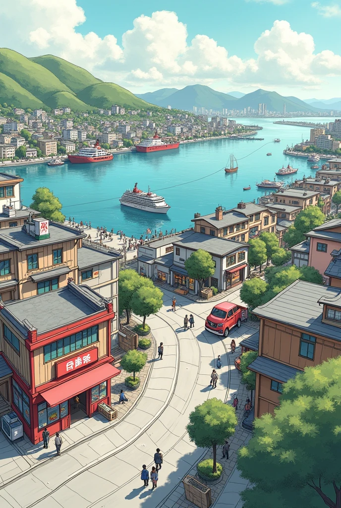 I need a model of a Toyota city seen from above,It must have a port,ramen shop and more stuff,that it looks more like a hand-drawn picture