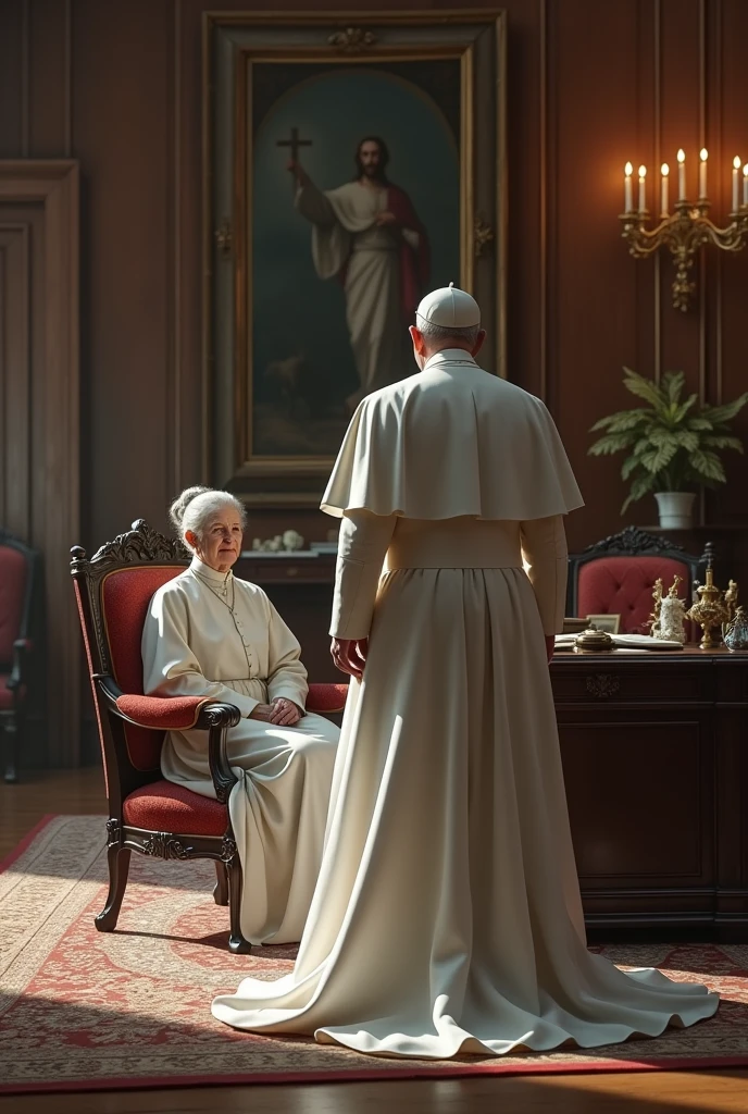 The Pope goes to his office. When you open the door, notices an elderly woman in all-white English clothes, is sitting in an armchair in front of her office desk.