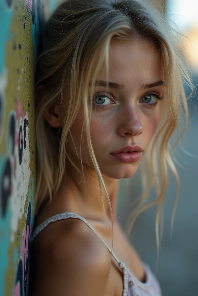 Close up of cute swedish girl, Little Cute Girl, skinny blonde teen, (detailed face, beautiful detailed blue eyes, Refined nose), I look at the viewer, scared look, long light dirty hair, dressed only in sexy micro panties, biting her red lips, visible navel, deep neckline, teasing the firm breasts, , tiny breasts, her hands are on the wall, side shot, extreme skin detail, ultra realistic, 8 K, wallpaper, on a street in a New York area with graffiti on the walls, ultra realistic, 8 K, She's about to be robbed.,