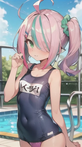 (((scrawny))),((Wheat skin)),(((high school student))),tanlines,(side ponytail,ahoge,One eye is covered by hair),((Purple Hair)),(fluorescent pink streaked hair),(Green Eyes),Slanted Eyes,(School Swimsuit),Poolside,Green scrunchies