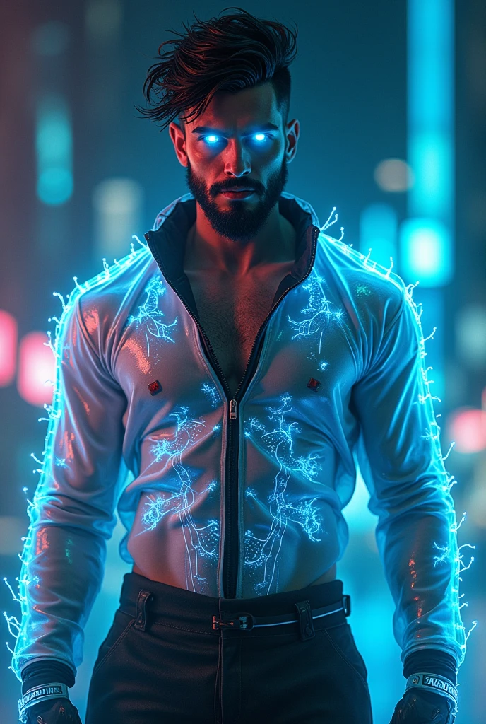 Full Body photorealistic 20 years old man, stubble, wearing transparent see-through futuristic clothes, breathtaking grandeur, LED internal lighting, cyberpunk style, fibre optic hair, glowing blue iris, muscular, best quality, masterpiece, intricate details, dynamic pose, dynamic angle, (surreal), (illustration), ((oil painting \(medium\):1.2)), sharp focus, soft lighting, vibrant colors, cinematic photography, dynamic angle, volumetric lighting, film grain, hard shadows