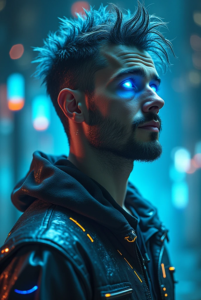 Full Body photorealistic 20 years old man, stubble, wearing transparent see-through futuristic clothes, breathtaking grandeur, LED internal lighting, cyberpunk style, fibre optic hair, glowing blue iris, muscular, best quality, masterpiece, intricate details, dynamic pose, dynamic angle, (surreal), (illustration), ((oil painting \(medium\):1.2)), sharp focus, soft lighting, vibrant colors, cinematic photography, dynamic angle, volumetric lighting, film grain, hard shadows