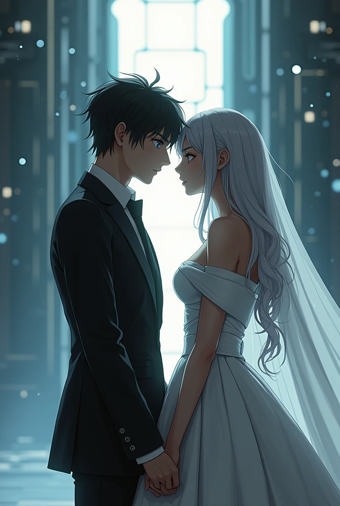 Sanakan and Cibo from Blame! Manga in a wedding dress), (sci-fi theme) Eyes staring at each other, suit black hair, dress striking silver hair, Futuristic atmosphere of the outfit A soft but bright light shines from above. Intimate and romantic atmosphere Highly detailed, exceptionally detailed, cinematic quality, emotionally charged scenes. 