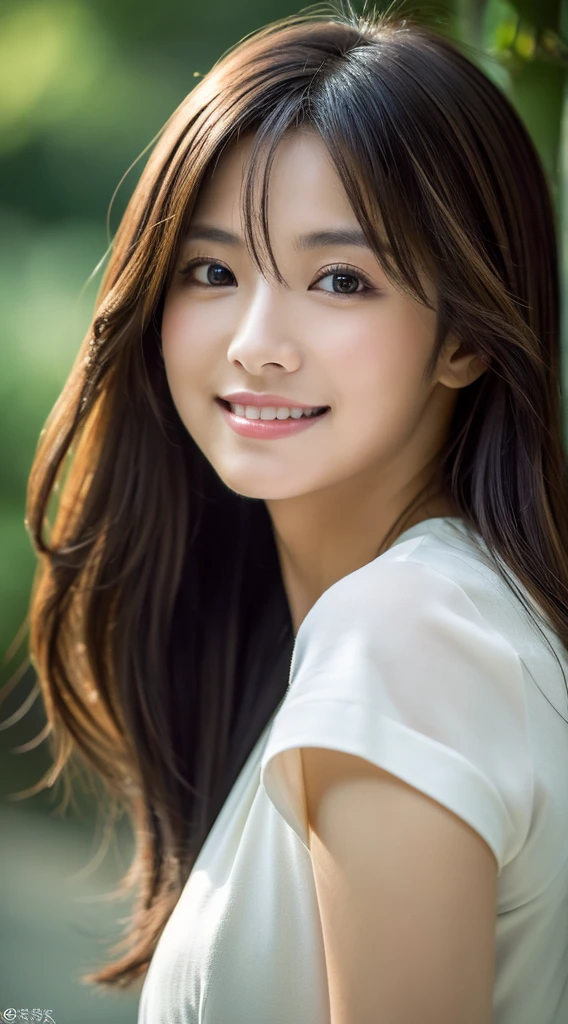 2 Japan woman、High resolution、high resolution、Highest quality, Spectacular and realistic, ((Portraiture:1.5)),(background: dark )、素晴らしいphotograph, (8k, RAWphotograph, Highest quality),(Spectacular and realistic:1.5),(detailedな目:0.8),(Looking into the camera:1.4), (Highest quality), ,複雑なdetailed,Cinematic,((skin:1.4)), (long bright hair:1.3), Long Hair, Messy ,(High resolution:1.5),detailed, color, Superior Quality, masterpiece, RAWphotograph (20-year-old, View your viewers), (Wearing a plain camisole,), nature,Portraiture, smile expression, Captivating eyes, Bright details, Keep your mouth shut, (skinのディテールが高い), Key lighting , (Backlight: 0.5), Canon 5D, 50mm lens, debt/4 openings, (非常にdetailedな, 複雑なdetailed), 8k, Absurd, 80mm, photograph, smile,Medium bust,