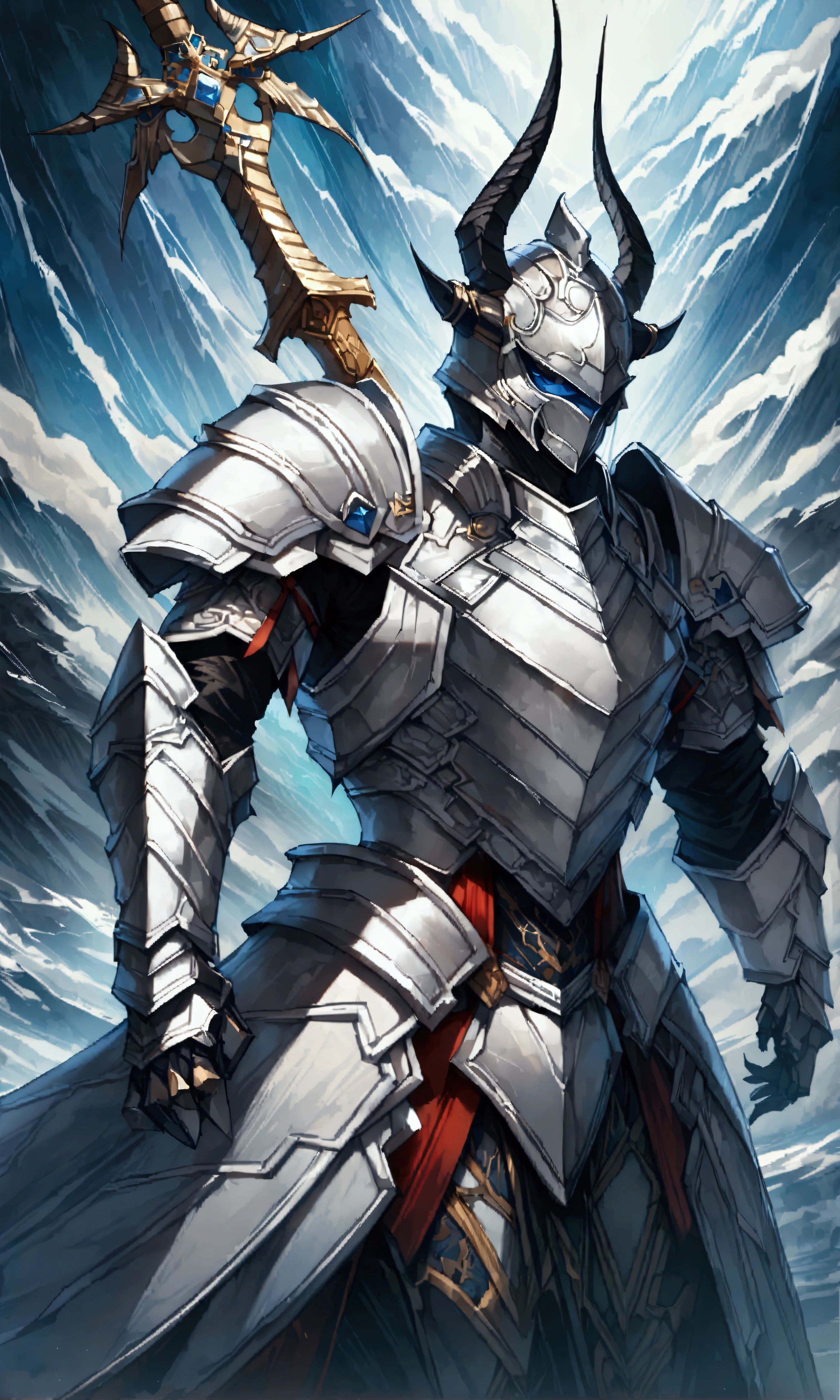 (Blue smoke trails、Sword in the air、A white demon wearing silver armor and a kimono。Detailed illustration with dynamic background in fantasy art style。Ultra-high resolution、High definition、Digital painting concept design showing close up shot with sharp focus。Extremely detailed, sharp focus and high quality complex studio photography:1.2)、hkwarrior、mythp0rt