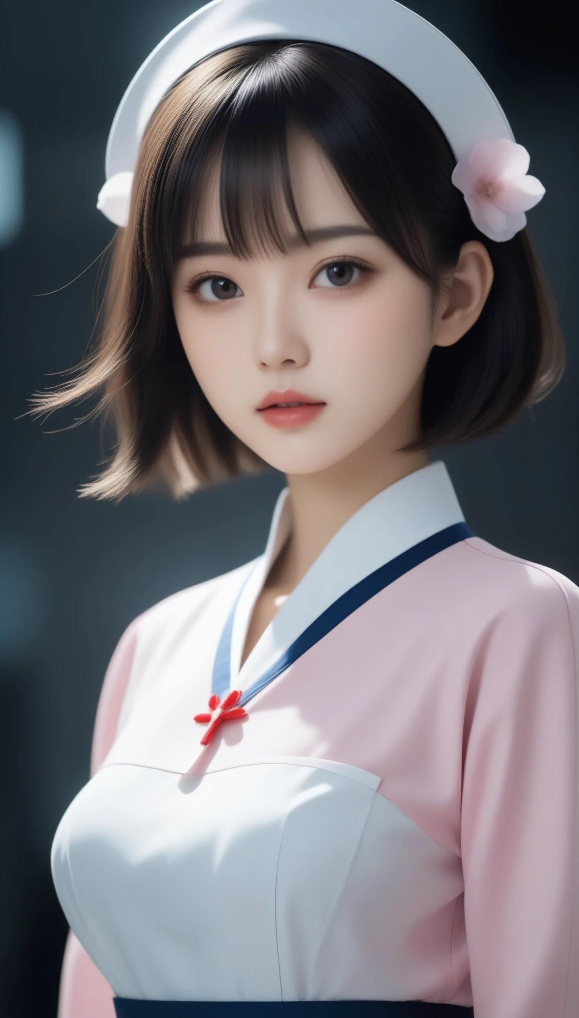 8k, Ultra-high resolution, Highest quality, masterpiece, 三分割法によるphotograph,Surreal, photograph, 1 , (:1.3), cute, cute顔, 細部までBeautiful Eyes, 細かくdetailedに,masterpiece,One Girl:1.2,Japanese women,nurse,upper body,glaring,Black short hair,Bowl cut,ID photo,((Humanoid Android)),(Nurse uniform of the future:1.3),Mechanized body,cyber punk,Eccentric,Medical Treatment Room,white collar,(Beautiful attention to detail),Subtle details, detailedな顔,anger,Attractive eyes,(ポートレートphotograph:1.4),(Photorealistic images:1.4),Fantasy art,(Beautiful Face:1.4),美しくAttractive eyes、Beautiful Eyes,Silver residue,(Tight waist:1.4)、(Beautiful with perfect body proportions:1.4),Pink Lips,profile,(((Ideal body type))),A-cup small breasts :2,、Portraiture:2、Perfect Anatomy、鮮明なdetailed、detailed,Fashion magazine cover,Thin lips,完璧でBeautiful Face ,完璧でcute顔, Skin with attention to detail, Perfect limbs、Narrow waist,Surreal,Light and shadow,spotlight