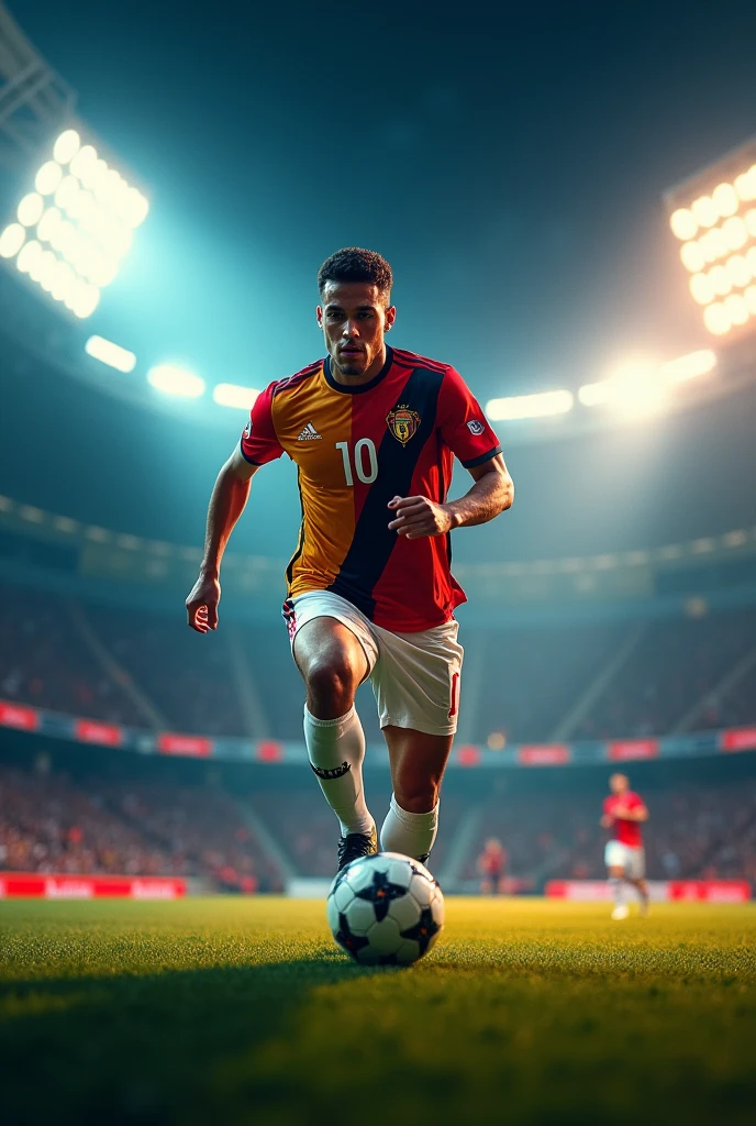 Create a movie cover style image, de um jogador de futebol ⚽ em um estádio com várias luzes, with the number 10 on his shirt and the colors red, doradas, white and black.