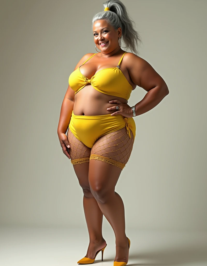 White colour overweight 60 year old elder American aged women wearing yellow Bikini short netted lingerie with Underwear high heels hairs tied in pony tail above head also wearing leg stockings.